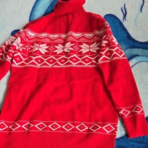 Vibrant Red and White Nordic Turtleneck Sweater
